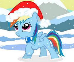 Size: 320x271 | Tagged: safe, artist:veggie55, rainbow dash, pegasus, pony, cute, dashabetes, filly, filly rainbow dash, hat, santa hat, snow, snowfall, solo