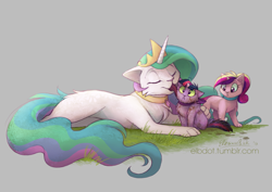 Size: 3508x2480 | Tagged: safe, artist:elbdot, princess cadance, princess celestia, twilight sparkle, cat, :<, bow, catdance, catified, catlestia, chest fluff, collar, crown, cute, cutedance, cutelestia, dirty, ear fluff, elbdot is trying to murder us, eyes closed, fanfic art, female, floppy ears, fluffy, frown, gray background, grooming, jewelry, kitten, licking, looking at each other, looking back, looking up, momlestia, regalia, simple background, sitting, smiling, species swap, tiara, tongue out, trio, twiabetes, twilight cat