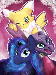 Size: 2621x3500 | Tagged: safe, artist:gab0o0, princess luna, alicorn, dragon, pony, crossover, cynder, digimon, female, looking at you, male, mare, pink background, renamon, simple background, spyro the dragon, the legend of spyro, trio