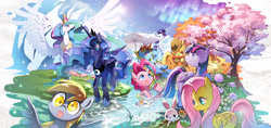 Size: 2288x1080 | Tagged: safe, artist:sweetsound, derpibooru import, angel bunny, applejack, derpy hooves, fluttershy, pinkie pie, princess celestia, princess luna, rainbow dash, rarity, twilight sparkle, twilight sparkle (alicorn), alicorn, dragonfly, earth pony, pegasus, pony, unicorn, apple, aurora borealis, autumn, chair, cherry blossoms, drink, female, food, lens flare, mane six, mare, pixiv, scenery, seasons, spread wings, spring, summer, sunglasses, tree, umbrella, water, winter