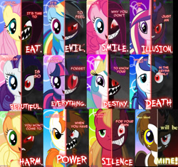 Size: 1431x1348 | Tagged: artist needed, safe, applejack, big macintosh, fluttershy, pinkie pie, princess celestia, rainbow dash, rarity, shining armor, twilight sparkle, unicorn twilight, oc, alicorn, earth pony, pegasus, pony, unicorn, dark, female, male, mane six, mare, ow the edge, red eyes, slit eyes, stallion, two sided posters