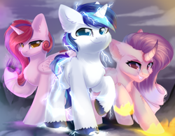 Size: 3200x2500 | Tagged: safe, artist:alphadesu, princess cadance, shining armor, oc, oc:bleeding heart, oc:sumac spirit, alicorn, pony, unicorn, canon x oc, female, fire, lightning, looking at you, male, mare, nightmare cadance, nightmarified, raised hoof, smiling, stallion, unshorn fetlocks, ych result