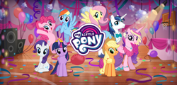 Size: 2248x1080 | Tagged: safe, applejack, fluttershy, pinkie pie, princess cadance, rainbow dash, rarity, shining armor, twilight sparkle, twilight sparkle (alicorn), alicorn, earth pony, pegasus, pony, unicorn, gameloft, gift code, my little pony logo