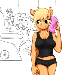 Size: 1000x1200 | Tagged: safe, artist:tunairs, derpibooru import, applejack, pinkie pie, twilight sparkle, anthro, plantigrade anthro, clothes, gym, midriff, shorts, sports shorts, tanktop, towel