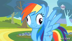 Size: 1100x619 | Tagged: safe, edit, edited screencap, screencap, rainbow dash, pegasus, pony, derp, hot minute, hot topic