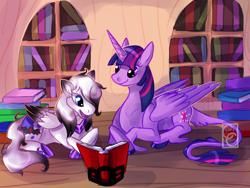 Size: 1200x900 | Tagged: safe, artist:candychameleon, derpibooru import, twilight sparkle, twilight sparkle (alicorn), oc, oc:swift ghost, alicorn, pegasus, pony, book, golden oaks library, library, lying down, smiling