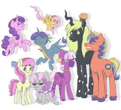 Size: 1024x928 | Tagged: safe, artist:mantisoverlord, applejack, big macintosh, cheerilee, derpy hooves, diamond tiara, fluttershy, night light, pinkie pie, queen chrysalis, rarity, scootaloo, shining armor, silver spoon, spike, sweetie belle, zecora, changeling, changeling queen, dragon, earth pony, hybrid, pony, unicorn, zebra, bow, commission, commissioner:bigonionbean, cowboy hat, cute, food, funny, fusion, glasses, hat, muffin, relaxing, stetson