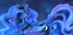 Size: 1413x691 | Tagged: safe, artist:daria-lynx17, princess luna, alicorn, pony, night, solo, stars