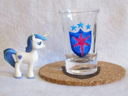 Size: 1024x768 | Tagged: safe, artist:malte279, shining armor, pony, unicorn, coaster, cork, craft, cutie mark, glass, glass painting, pyrography, shot glass, traditional art