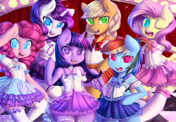 Size: 3200x2217 | Tagged: safe, artist:zodiacnicola, derpibooru import, applejack, fluttershy, pinkie pie, rainbow dash, rarity, twilight sparkle, twilight sparkle (alicorn), alicorn, earth pony, pegasus, pony, semi-anthro, unicorn, clothes, mane six