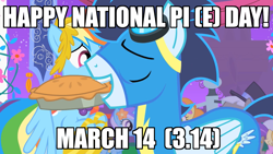 Size: 1280x720 | Tagged: safe, screencap, rainbow dash, soarin', pegasus, pony, caption, clothes, dress, gala dress, image macro, mouth hold, pi day, pie, that pony sure does love pies