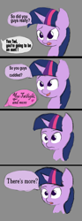 Size: 1920x5143 | Tagged: safe, artist:purpleblackkiwi, derpibooru import, twilight sparkle, season 5, the one where pinkie pie knows, /mlp/, adorkable, baby, bust, comic, cuddling, cute, dialogue, dork, gray background, naive, oblivious twilight is oblivious, open mouth, painfully innocent twilight, pure, simple background, smiling, snuggling, speech bubble
