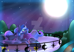 Size: 1024x731 | Tagged: safe, artist:twisted-sketch, princess luna, alicorn, pony, balcony, bronycon 2016, looking up, moon, print, solo, watermark