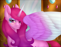 Size: 3000x2300 | Tagged: safe, artist:minelvi, artist:rubyflank, princess cadance, oc, alicorn, pony, collaboration, alicorn oc, colored wings, female, large wings, looking at you, mare, missing accessory, mother, multicolored wings, smiling, solo, wings