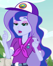 Size: 481x594 | Tagged: safe, screencap, princess luna, vice principal luna, equestria girls, legend of everfree, air quotes, camp everfree outfits, cap, clothes, cropped, hat, implying, lidded eyes, scarf, solo