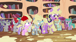 Size: 1280x720 | Tagged: safe, derpibooru import, screencap, aquamarine, aura (character), diamond tiara, liza doolots, peach fuzz, petunia, ruby pinch, silver spoon, tootsie flute, tornado bolt, train tracks (character), twilight sparkle, twilight sparkle (alicorn), alicorn, pony, twilight time, applesauce, female, filly, golden oaks library, mare, mess