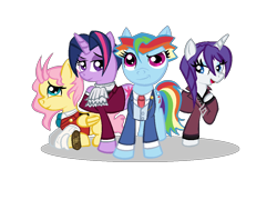 Size: 1068x768 | Tagged: safe, artist:xrainbowicecreamx, fluttershy, rainbow dash, rarity, twilight sparkle, pony, unicorn, ace attorney, apollo justice, cosplay, klavier gavin, miles edgeworth, phoenix wright