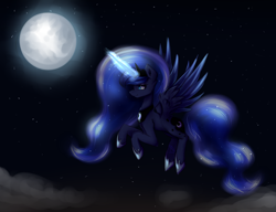 Size: 1300x1000 | Tagged: safe, artist:nutellaakanutella, princess luna, alicorn, pony, female, flying, full moon, glowing horn, mare, moon, night, solo