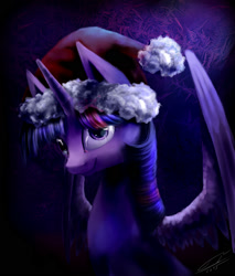 Size: 1700x2000 | Tagged: safe, artist:yummiestseven65, derpibooru import, twilight sparkle, twilight sparkle (alicorn), alicorn, pony, female, hat, looking at you, mare, santa hat, solo, spread wings