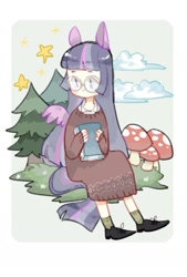 Size: 1181x1748 | Tagged: safe, artist:kura, derpibooru import, twilight sparkle, twilight sparkle (alicorn), alicorn, human, book, clothes, cloud, dress shirt, eared humanization, glasses, grass, humanized, mushroom, pixiv, poncho, shoes, socks, solo, stars, tailed humanization, tree, winged humanization