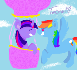 Size: 646x587 | Tagged: safe, artist:joponyhere, rainbow dash, twilight sparkle, pegasus, pony, balloon, shipping, sketch, twidash