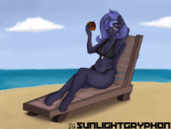 Size: 8000x6000 | Tagged: safe, artist:sunlightgryphon, princess luna, alicorn, anthro, unguligrade anthro, absurd resolution, armpits, bikini, clothes, drink, solo, swimsuit