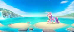 Size: 2098x914 | Tagged: safe, artist:balade, princess cadance, alicorn, pony, seagull, beach, cloud, crown, crystal, female, gem, mare, patreon, regalia, scenery, sky, smiling, solo, water, waterfall