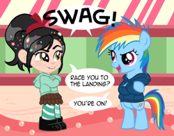 Size: 500x389 | Tagged: safe, artist:sketchyjackie, rainbow dash, pegasus, pony, bipedal, clothes, filly, hoodie, sugar rush, vanellope von schweetz, wreck-it ralph