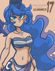 Size: 2550x3300 | Tagged: safe, artist:dracojayproduct, princess luna, human, bikini, clothes, ear piercing, earring, horned humanization, humanized, jewelry, necklace, piercing, sarong, simple background, smiling, solo, swimsuit, winged humanization, wings