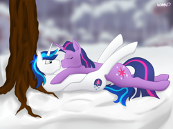 Size: 3840x2871 | Tagged: safe, artist:wumbl3, derpibooru exclusive, shining armor, twilight sparkle, pony, unicorn, cuddling, cutie mark, eyes closed, female, holiday, horns are touching, incest, infidelity, male, shiningsparkle, shipping, smiling, snow, straight, tree, twicest, valentine's day, winter