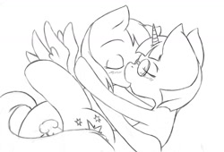 Size: 1280x868 | Tagged: safe, artist:mlle-honey, artist:school-day, rainbow dash, twilight sparkle, pegasus, pony, blushing, female, glasses, kissing, lesbian, monochrome, shipping, twidash