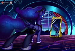 Size: 1280x877 | Tagged: safe, artist:calena, princess luna, alicorn, pony, a royal problem, female, jewelry, mare, mirror, moonbutt, patreon, patreon logo, plot, reflection, regalia, scene interpretation, solo