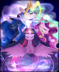 Size: 1698x2083 | Tagged: safe, artist:clefficia, princess cadance, princess celestia, princess luna, twilight sparkle, twilight sparkle (alicorn), alicorn, pony, alicorn tetrarchy, crown, eyes closed, female, glowing horn, jewelry, magic, mare, regalia, signature, smiling, spread wings, stars, wings