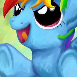 Size: 750x750 | Tagged: safe, artist:weedgoku1488, rainbow dash, pegasus, pony, abstract background, female, mare, open mouth, smiling, solo