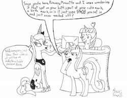 Size: 3282x2532 | Tagged: safe, artist:asksadisticcolgate, artist:newguy, minuette, princess luna, oc, oc:minuette, alicorn, pony, butt joke, monochrome