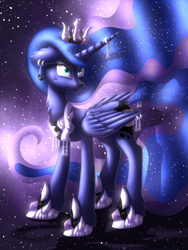 Size: 1800x2400 | Tagged: safe, artist:shad0w-galaxy, princess luna, alicorn, pony, ear piercing, earring, horn jewelry, jewelry, piercing, redraw, solo, space, wing piercing