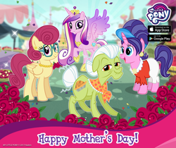 Size: 940x788 | Tagged: safe, cookie crumbles, granny smith, posey shy, princess cadance, alicorn, pony, gameloft, mother's day, my little pony logo