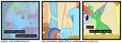 Size: 1200x420 | Tagged: safe, edit, edited screencap, screencap, gummy, rainbow dash, alligator, pegasus, pony, comic:a softer equestria, party of one, a softer world, comic, floppy ears, nom, screencap comic, smiling, spread wings, vore, wat, wings
