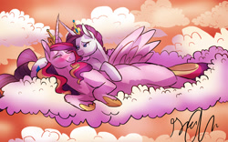 Size: 1280x800 | Tagged: safe, artist:shellielle, princess cadance, rarity, alicorn, pony, unicorn, blushing, cloud, commission, crown, eyes closed, female, infidelity, jewelry, lesbian, looking at each other, mare, raridance, regalia, shipping, signature, smiling