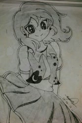 Size: 576x869 | Tagged: safe, artist:emositecc, princess luna, human, clothes, cute, humanized, looking at you, lunabetes, moe, monochrome, signature, simple background, skirt, skirt lift, smiling, solo, traditional art, white background