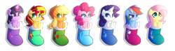 Size: 6800x1984 | Tagged: safe, artist:drawntildawn, derpibooru import, applejack, fluttershy, pinkie pie, rainbow dash, rarity, sunset shimmer, twilight sparkle, earth pony, pegasus, pony, unicorn, alternate mane seven, christmas, christmas stocking, mane six