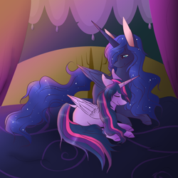 Size: 1000x1000 | Tagged: safe, artist:pndrws, princess luna, twilight sparkle, twilight sparkle (alicorn), alicorn, pony, cute, female, heart eyes, lesbian, lunabetes, mare, prone, shipping, smiling, twiabetes, twiluna, wingding eyes