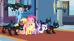 Size: 1366x768 | Tagged: safe, derpibooru import, screencap, applejack, fluttershy, pinkie pie, rainbow dash, rarity, twilight sparkle, unicorn twilight, changeling, earth pony, pegasus, pony, unicorn, a canterlot wedding, captured, female, mane six, mare