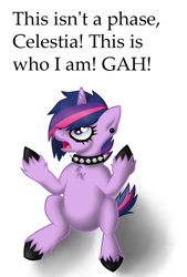 Size: 841x1245 | Tagged: safe, artist:zeldacourage, derpibooru import, twilight sparkle, collar, eyeliner, goth, gothic, hooves, it's a phase, it's not a phase, rebellious teen, solo, unshorn fetlocks