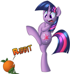 Size: 1419x1495 | Tagged: safe, artist:january3rd, derpibooru import, twilight sparkle, twilight sparkle (alicorn), alicorn, pony, too many pinkie pies, female, mare, orange frog, plot, scared, simple background, transparent background