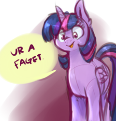 Size: 600x625 | Tagged: safe, artist:lunarmarshmallow, derpibooru import, twilight sparkle, twilight sparkle (alicorn), alicorn, pony, dialogue, female, mare, open mouth, simple background, smiling, solo, speech bubble, ur a faget, vulgar