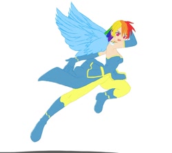 Size: 1200x1067 | Tagged: safe, artist:groovyfish, rainbow dash, alternative cutie mark placement, boots, clothes, gloves, humanized, shoes, simple background, solo, winged humanization, wings, wonderbolts uniform