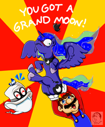 Size: 1000x1200 | Tagged: safe, artist:dfkjr, princess luna, alicorn, pony, anatomically incorrect, blushing, cappy, cappy (mario), crossover, hand on butt, happy, incorrect leg anatomy, jewelry, lifting, lifting ponies, luna is not amused, mario, nintendo, plot, pun, regalia, super mario bros., super mario odyssey, surprised, text, wtf