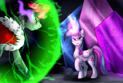 Size: 2977x2000 | Tagged: dead source, safe, artist:not-ordinary-pony, king sombra, princess cadance, princess celestia, princess luna, twilight sparkle, twilight sparkle (alicorn), alicorn, pony, commission, confrontation, crystal, crystallized, female, force field, looking at each other, male, mare, royal sisters, smiling, sombra eyes, stallion