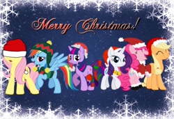 Size: 1079x740 | Tagged: safe, artist:meelcomecaramelo, derpibooru import, applejack, fluttershy, pinkie pie, rainbow dash, rarity, twilight sparkle, earth pony, pegasus, pony, unicorn, christmas, mane six, merry christmas